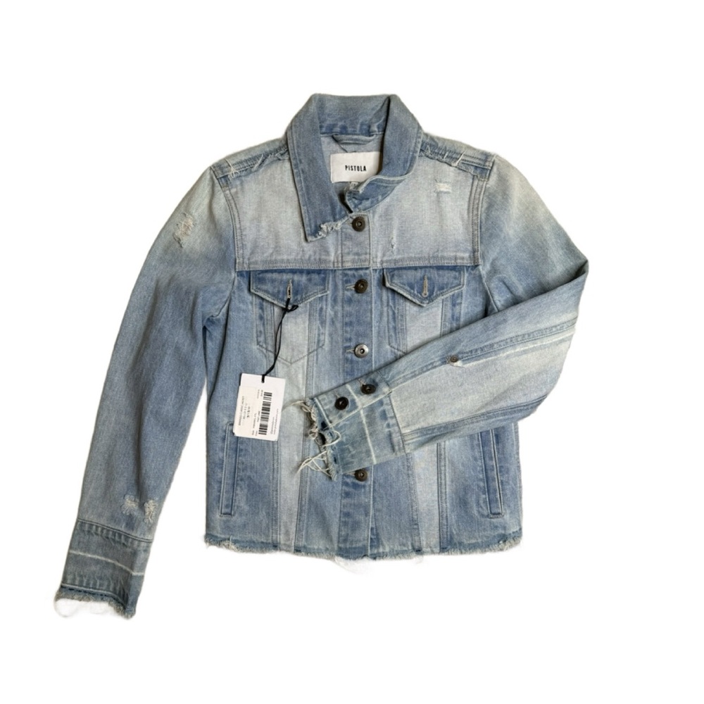 Pistola Womens Distressed Denim Jean Jacket Trucker Light Wash Blue S